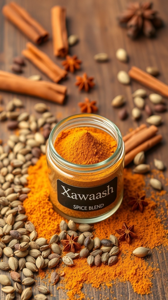 A jar of Xawaash spice blend with whole spices like cumin, cinnamon, and cardamom on a wooden table.